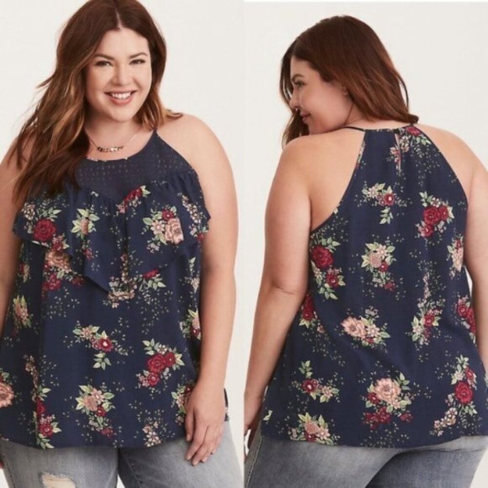 Torrid | Navy Floral Challis Lace Inset Ruffle Cami | Size 1X